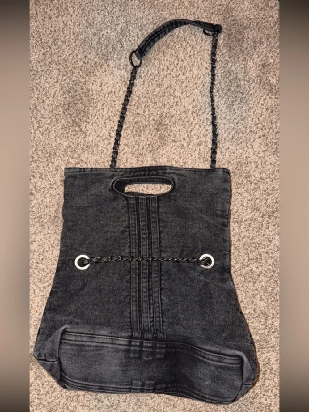 Y2K Washed Black Denim Chain Shoulder Bag Oversized Grunge Tote